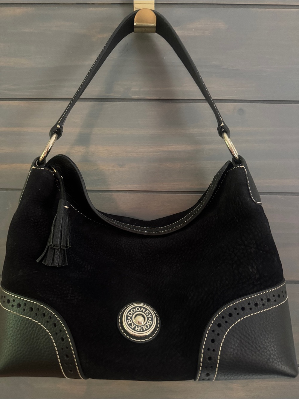 Dooney & Bourke Black Suede and Leather Shoulder Bag with gold hardware